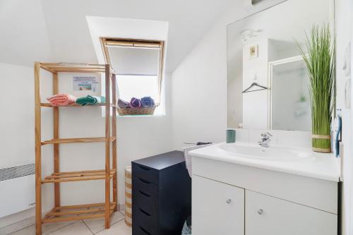 a bathroom with a sink and a mirror and a shelf at Joli Duplex Centre-ville 5km Dinard in Pleurtuit