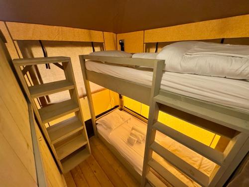 ein kleines Zimmer mit zwei Etagenbetten und einer Leiter in der Unterkunft Glamping Le Tegole in Riparbella