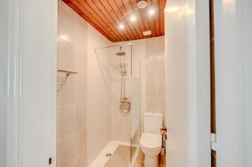 a bathroom with a shower and a toilet and a tub at Merika Complex 1 in Perivolia