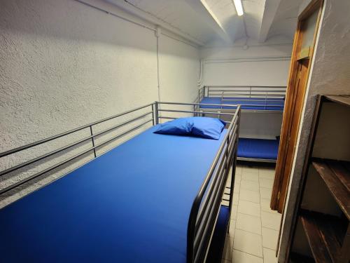 a bedroom with a blue bed in a room at Colònies Cadí - Cal Caló in Bellver de Cerdanya