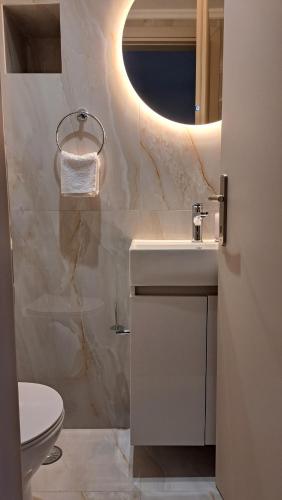 a bathroom with a sink and a toilet and a mirror at Stone house 2 in Líthion