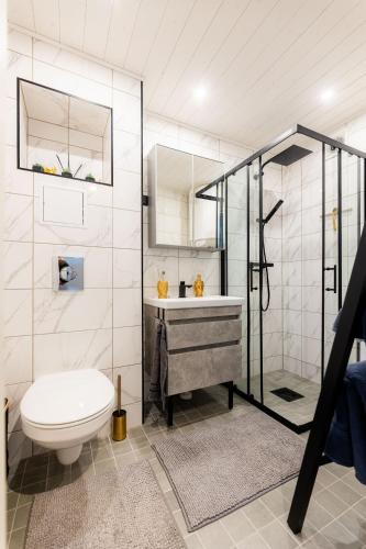 a bathroom with a shower and a toilet and a sink at Marie` Apartment in Salme