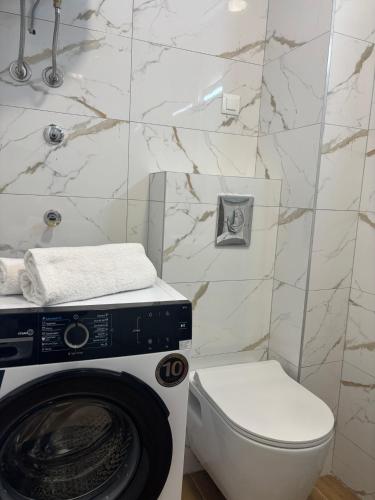 a bathroom with a washing machine and a toilet at Olive Šušanj Apartment in Bar