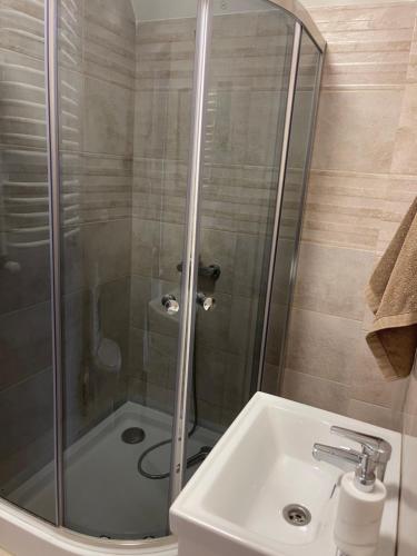 a shower with a glass door next to a sink at Nice House in Slavske