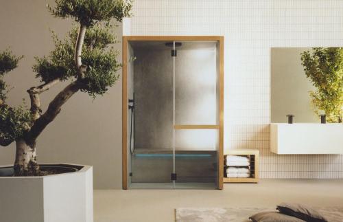 a shower with a glass door next to a tree at Savoy Hotel in Marina di Pietrasanta