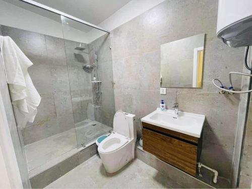 a bathroom with a toilet and a shower and a sink at Royal Villa in Yoliin Hural
