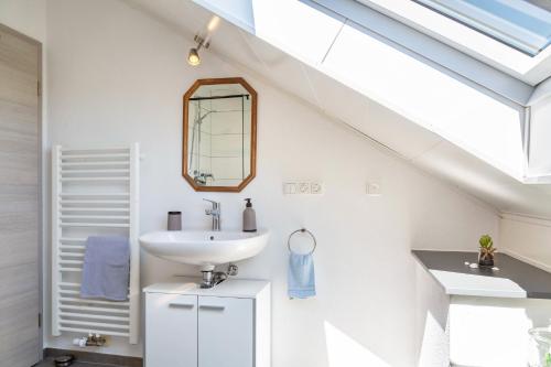 a bathroom with a sink and a mirror at Die Moderne Fewo in Breitenberg