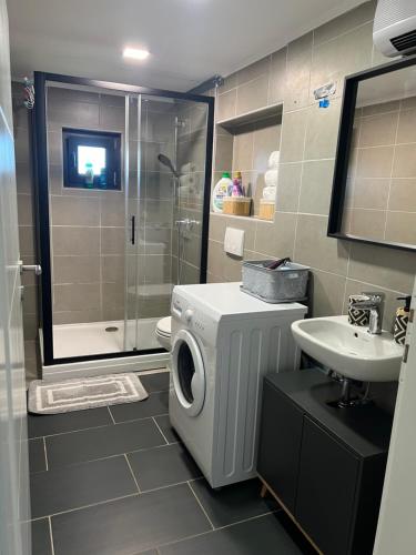 a bathroom with a washing machine and a sink at Holiday Home Nirvana in Gornji Mihaljevec