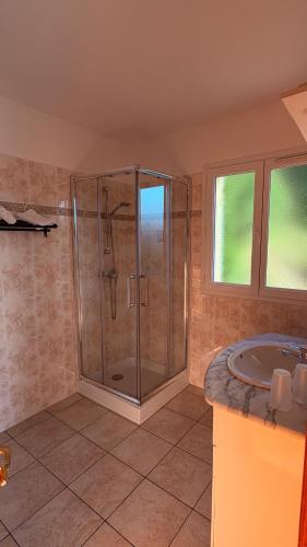 a bathroom with a shower and a sink at la maison CM in Nessa
