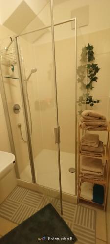 a bathroom with a shower and a pile of towels at Ferienwohnung Klaus in Warngau