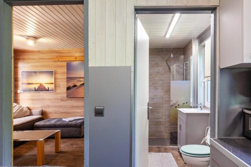 a room with a bathroom with a toilet and a couch at Ferienhaus 204 in Zadelsdorf
