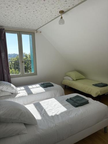two beds in a room with a window at Cottage de La Meslerie in Vernou-sur-Brenne