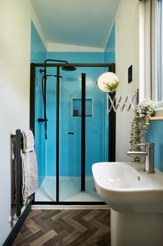 a bathroom with a glass shower and a sink at The Pig Arc in Bude