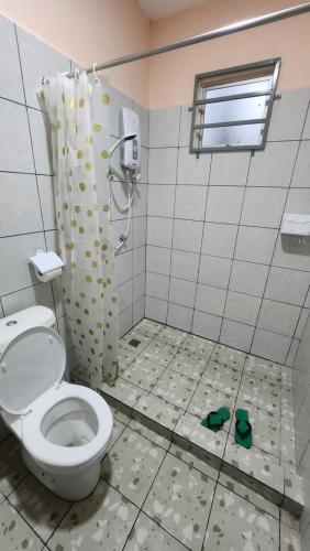 a dirty bathroom with a toilet and a shower at Kelambu Beach Villa in Kudat