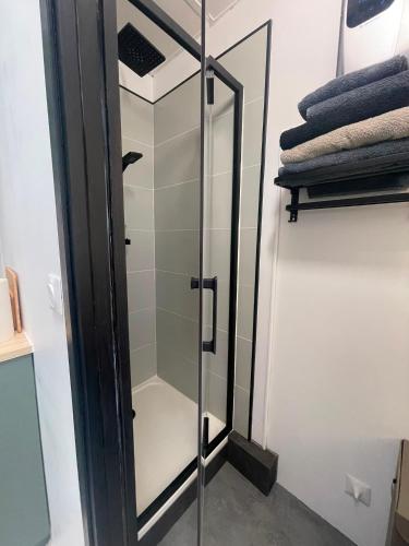 a glass shower door in a bathroom with towels at Maison La Petite Pause in Bray-Dunes
