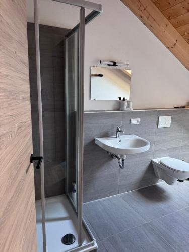 a bathroom with a shower and a sink and a toilet at Ferienwohnung Grecht in Uffing