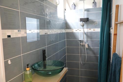 a bathroom with a glass sink and a shower at Joli Cocon in Baie-Mahault