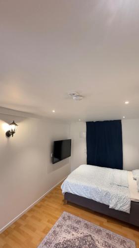 a bedroom with a bed and a flat screen tv at Modern Mini Apartment in Malmö