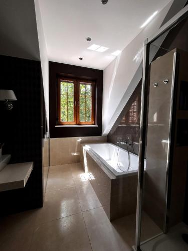 a bathroom with a bath tub and a sink at Dwór Grabina in Ciechomice