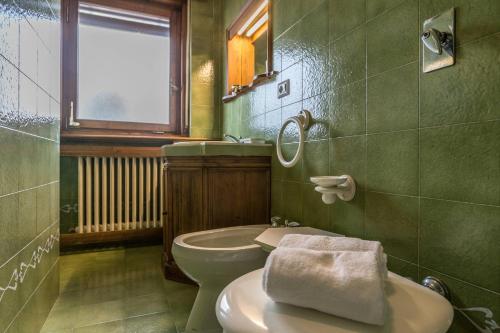 a green bathroom with a toilet and a window at Cantore, Cortina by Short Holidays in Cortina dʼAmpezzo