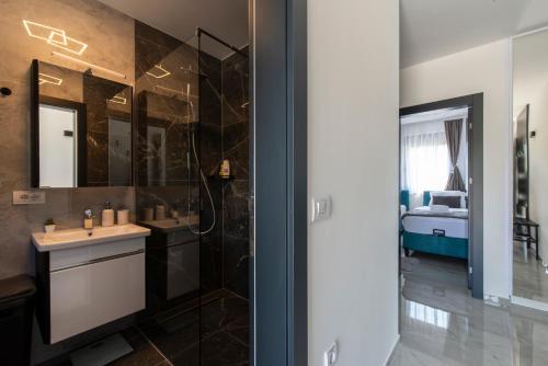 a bathroom with a sink and a shower at Vila Dominus Lux in Veliko Gradište