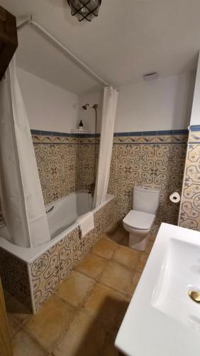 a bathroom with a tub and a toilet and a sink at Apartamento Las Pasarelas Bajos in Alquézar