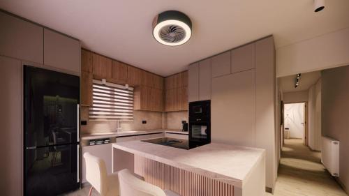 a kitchen with a white counter top in a room at Theo's Garden Villa in Kefalos