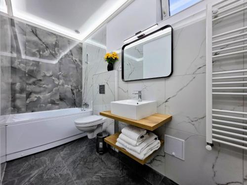 a bathroom with a sink and a toilet and a tub at Family House Deva in Deva
