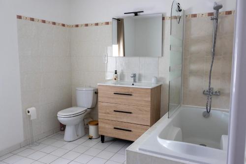 a bathroom with a toilet and a sink and a shower at Gîte de la Dheune in Essertenne