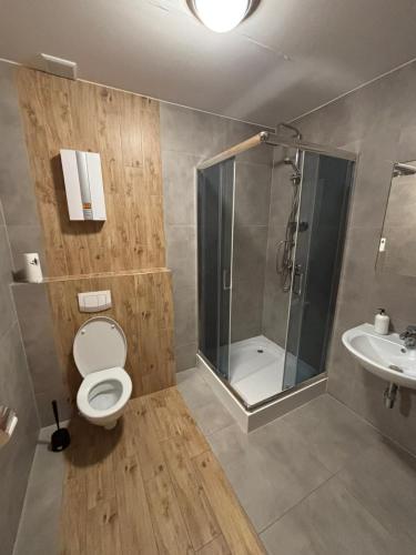 a bathroom with a shower and a toilet and a sink at Górski Ośrodek Pod Kamiennikiem in Poręba