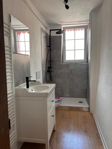 a white bathroom with a sink and a shower at Ferienhaus Vinzenze in Ediger-Eller