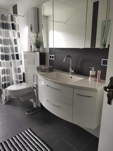 a white bathroom with a sink and a toilet at Auszeit Sauerland in Schmallenberg