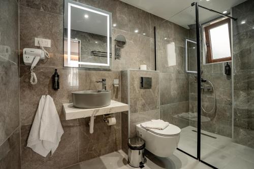 a bathroom with a sink and a toilet and a shower at Hotel Dva Bisera in Ohrid