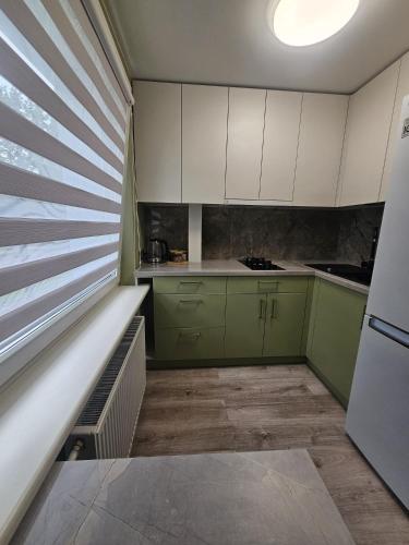 a small kitchen with green cabinets and a window at Taikos apartamentai in Utena