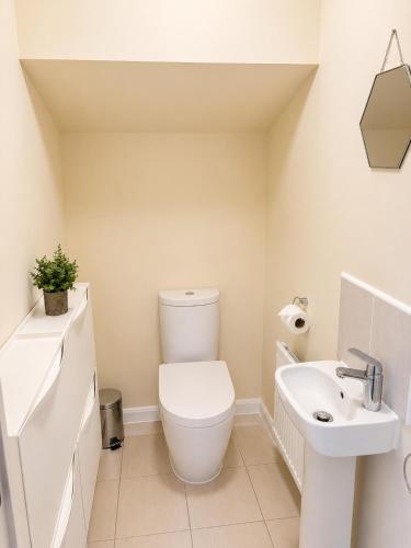 a white bathroom with a toilet and a sink at Diamond View Stylish 3BR Ideal 4 Professionals in Chilton