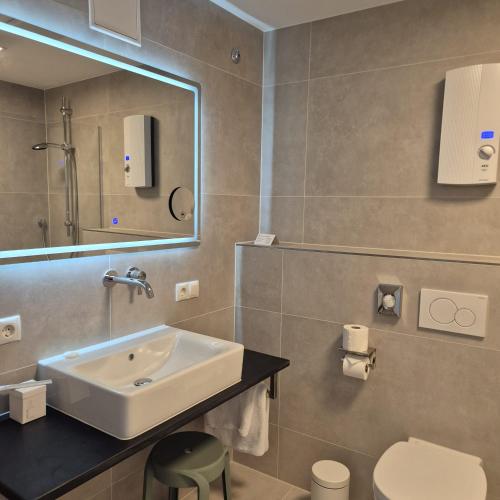 a bathroom with a sink and a toilet and a mirror at Lipmanns Boutique-Hotel in Cochem