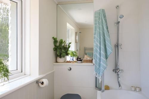 a bathroom with a shower and a mirror at Meadow Drive in Bembridge
