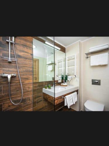 a bathroom with a shower and a sink and a toilet at Aparthotel Room 107 at Orbi Palace in Bakuriani in Bakuriani
