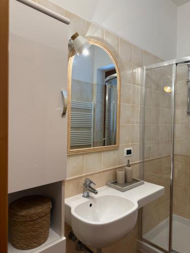a bathroom with a sink and a shower and a mirror at Casa Ninni in Casalino