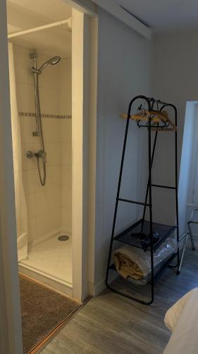 a bathroom with a walk in shower and a shelf at Hôtel Restaurant de la Place in Saint-Jean-dʼAngély