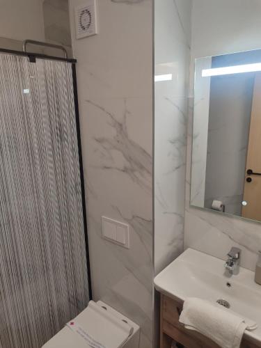 a bathroom with a shower and a toilet and a sink at Motel Jadranka in Neum