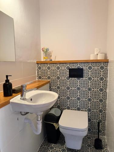 a bathroom with a sink and a toilet at agroOBERIBA in Płatkownica