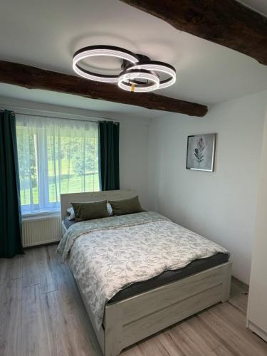 a bedroom with a bed and a ceiling fan at Cozy Forest House in Jonkowo