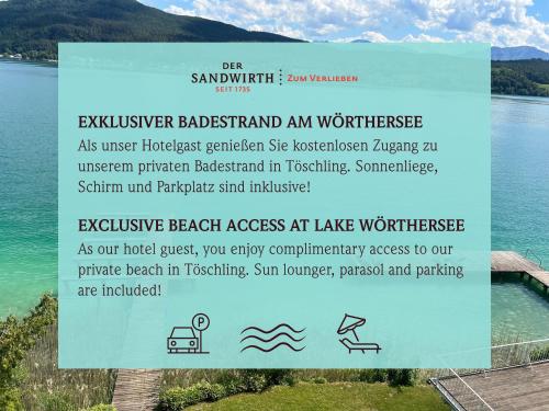 a sign on the side of a lake at Hotel Sandwirth in Klagenfurt