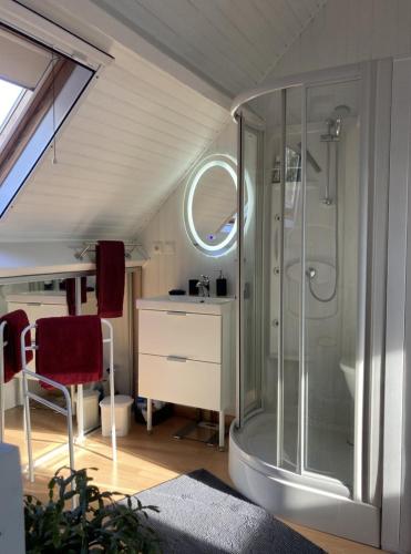 a bathroom with a shower and a desk in a attic at Au Pré Fleury in Fleury-en-Bière