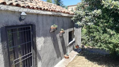 a house with two potted plants on the side of it at Casa rustica in SantʼAlfio