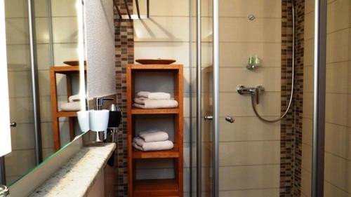 a bathroom with a shower and some towels at Hotel und Restaurant Am Peenetal in Liepen
