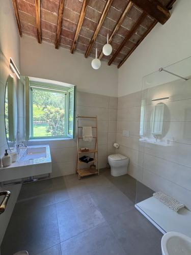 a bathroom with a sink and a toilet and a window at Podere Le Marene in Scoppieto