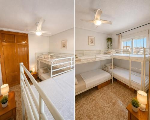 two photos of a room with bunk beds at Almohabenos Pool View in Punta Prima