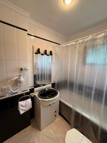 a bathroom with a shower and a sink and a toilet at Hotel Entrelagos in Ruidera